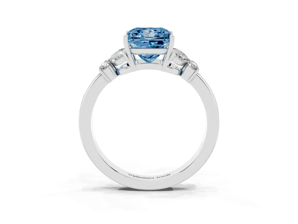 Fancy Blue Princess Cut Cut Solitaire Floral Diamond Ring with Four-Prong Setting Silver