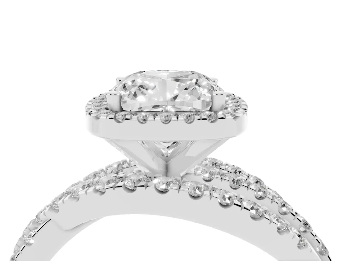 Cushion Cut Diamond Halo Ring with Round Split Shank and Prong Setting Platinum