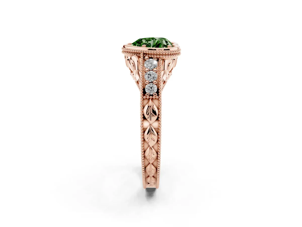 Fancy Green Bezel Set Heart Cut Diamond Milgrain Pave Engagement Ring Rose gold