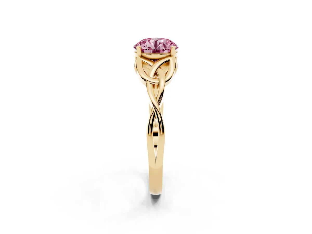 Fancy Pink Round Cut Diamond Solitaire Engagement Ring with Celtic Knot Band and Four-Prong Setting Yellow gold