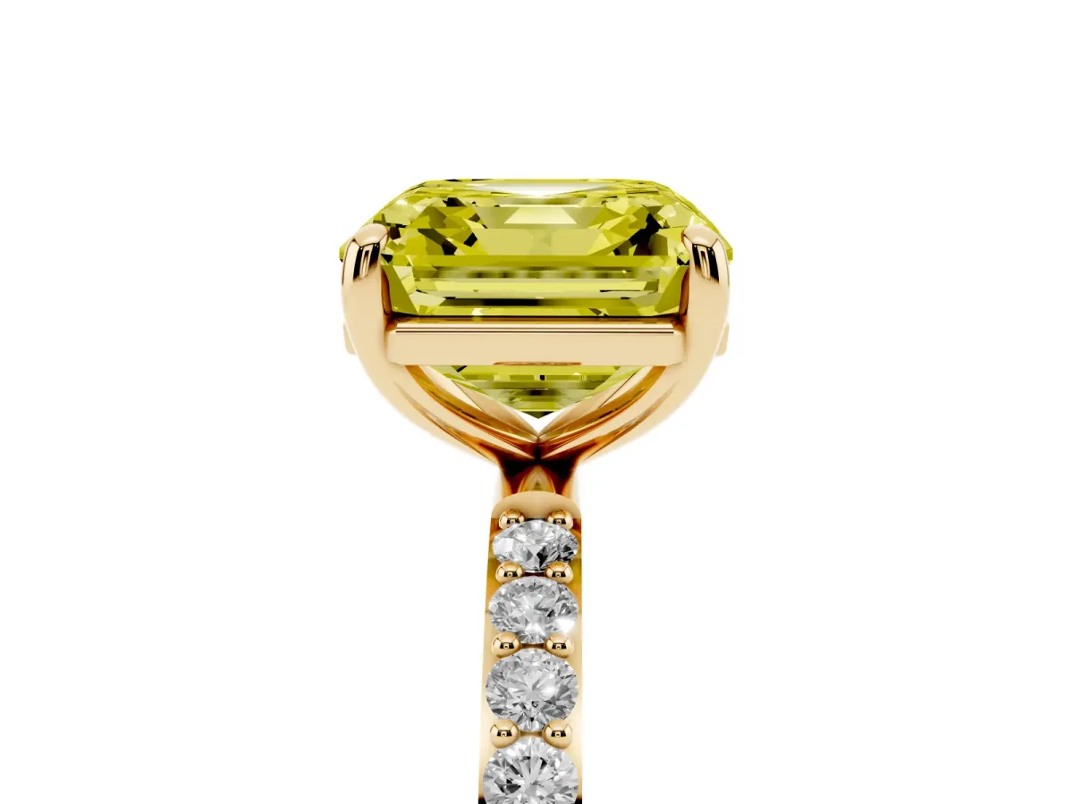 Fancy Yellow Asscher Cut Diamond Solitaire Ring with Round Pavé Band and Prong Setting Yellow gold