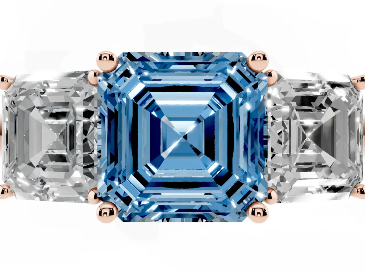Fancy Blue Three-Stone Asscher Cut Cut Diamond Engagement Ring with Prong Setting on a White Gold Band Rose gold