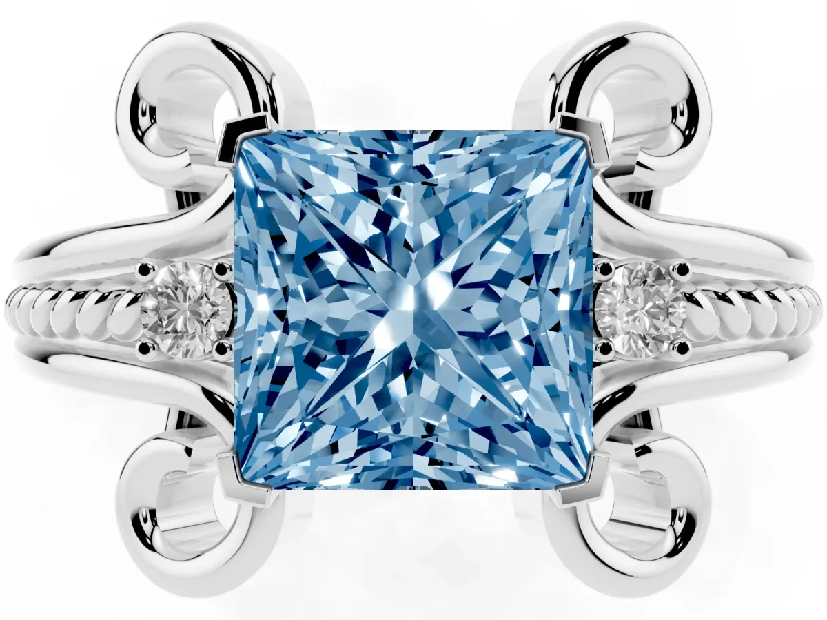 Fancy Blue Princess Cut Solitaire Twisted Band Scroll Prong Ring Silver