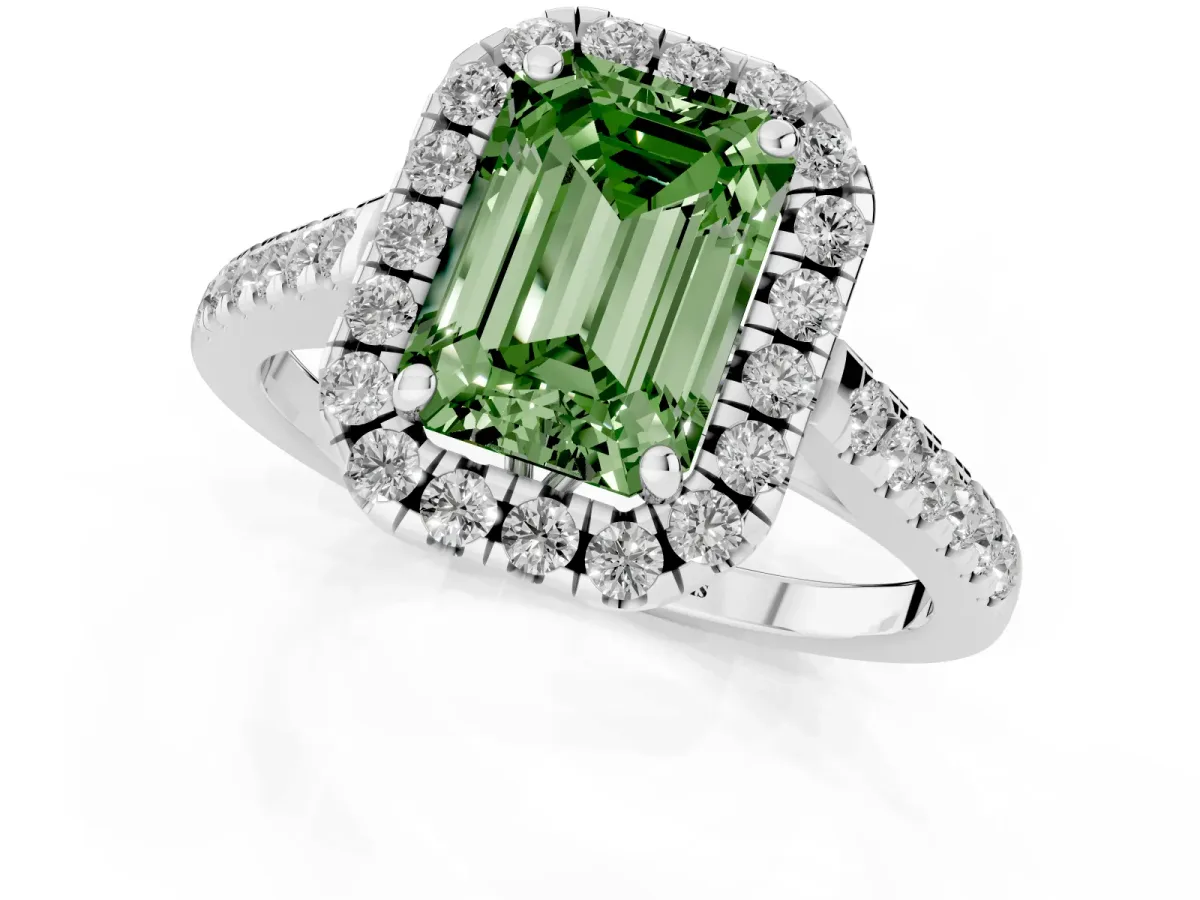 Fancy Green Emerald Cut Halo Pavé Diamond Engagement Ring with Four-Prong Setting Silver