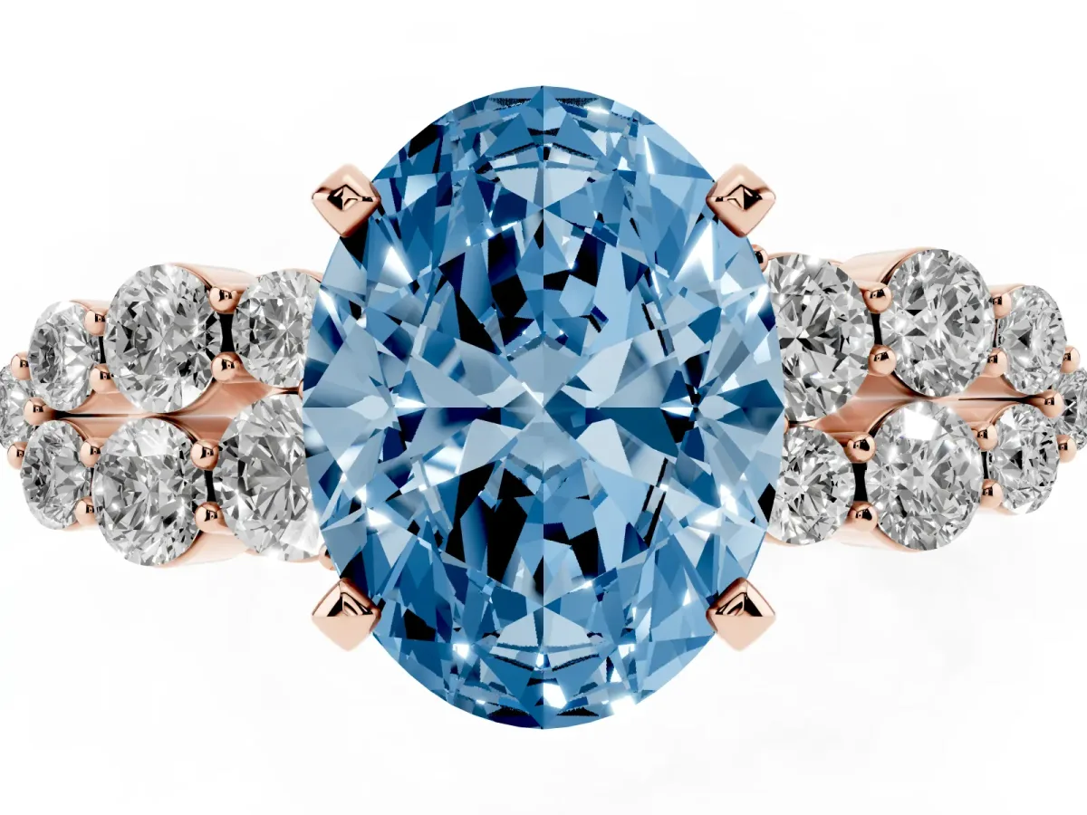Fancy Blue Oval Cut Cluster Diamond Engagement Ring with Pavé Band and Four-Prong Setting Rose gold