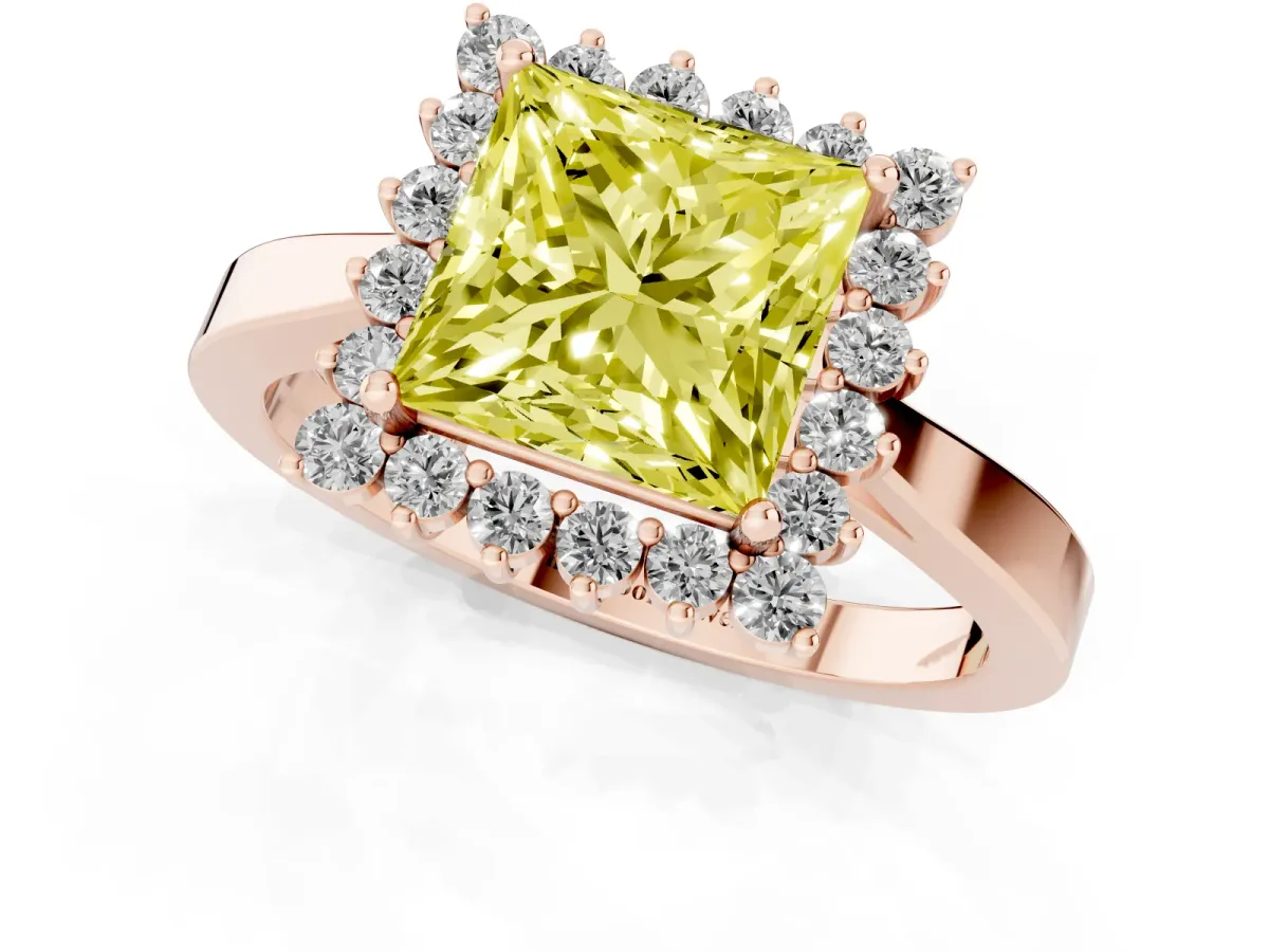 Fancy Yellow Princess Cut Cut Diamond Halo Ring with Round Brilliant Halo and Solitaire Band Rose gold