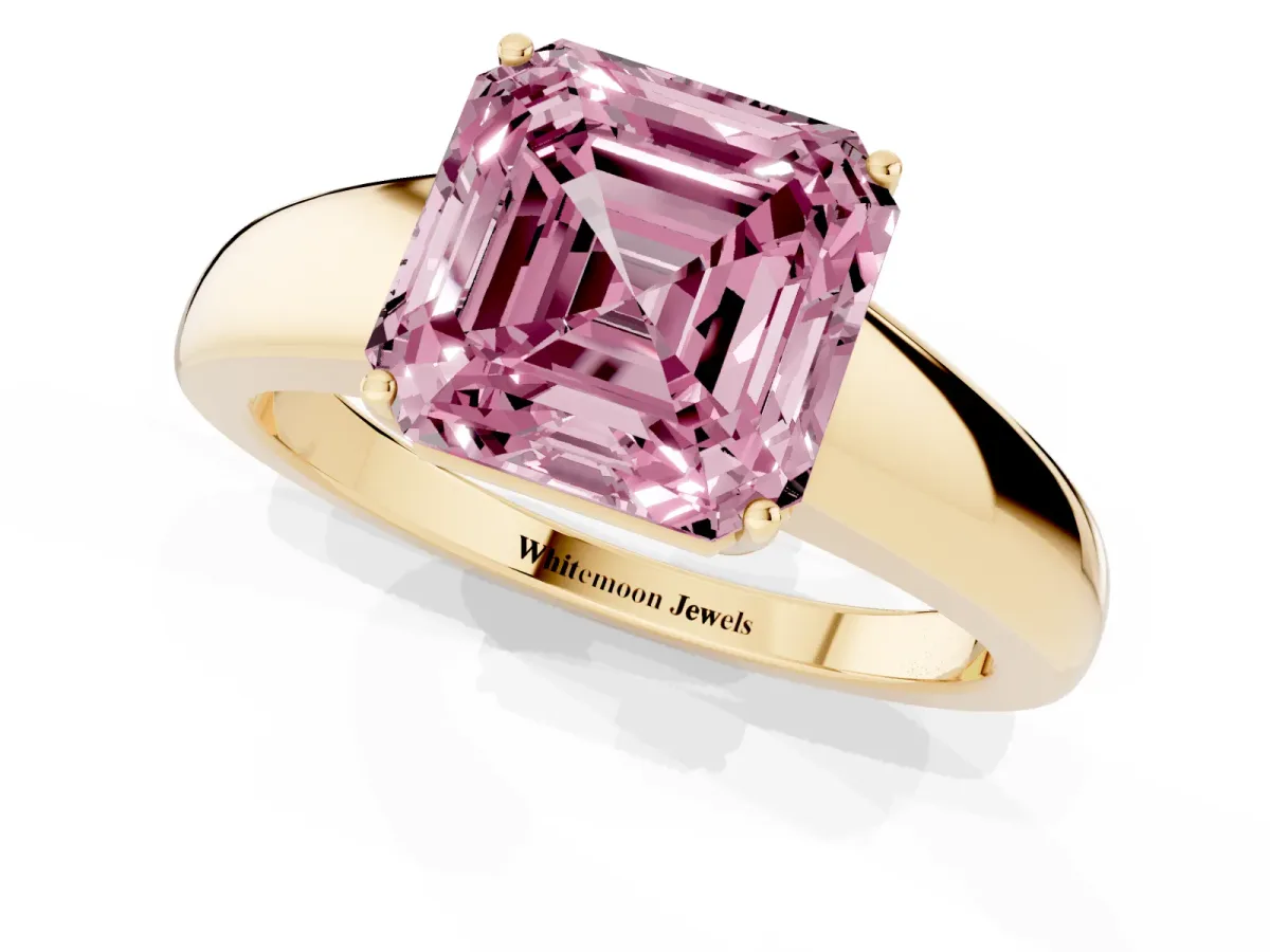 Fancy Pink Asscher Cut Solitaire Diamond Ring with Tapered Band and Four-Prong Setting Yellow gold