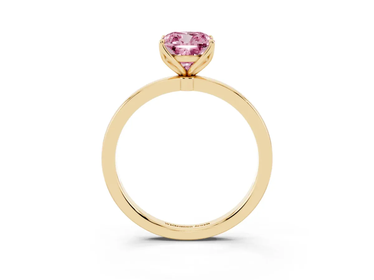 Fancy Pink Cushion Cut Diamond Solitaire Ring with Thin Band and Prong Setting Yellow gold