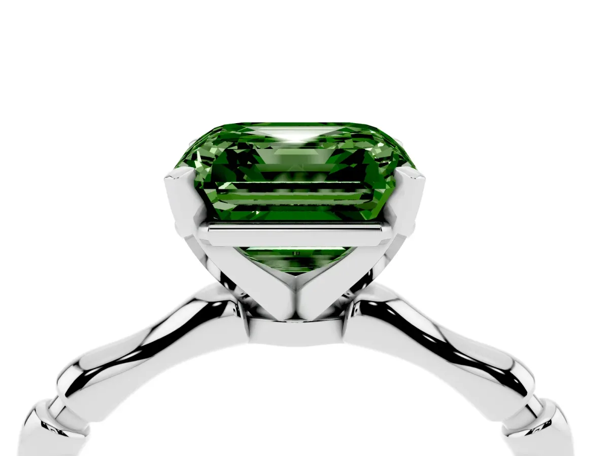 Fancy Green Asscher Cut Solitaire Diamond Ring with Bamboo Band and Four-Prong Setting Silver