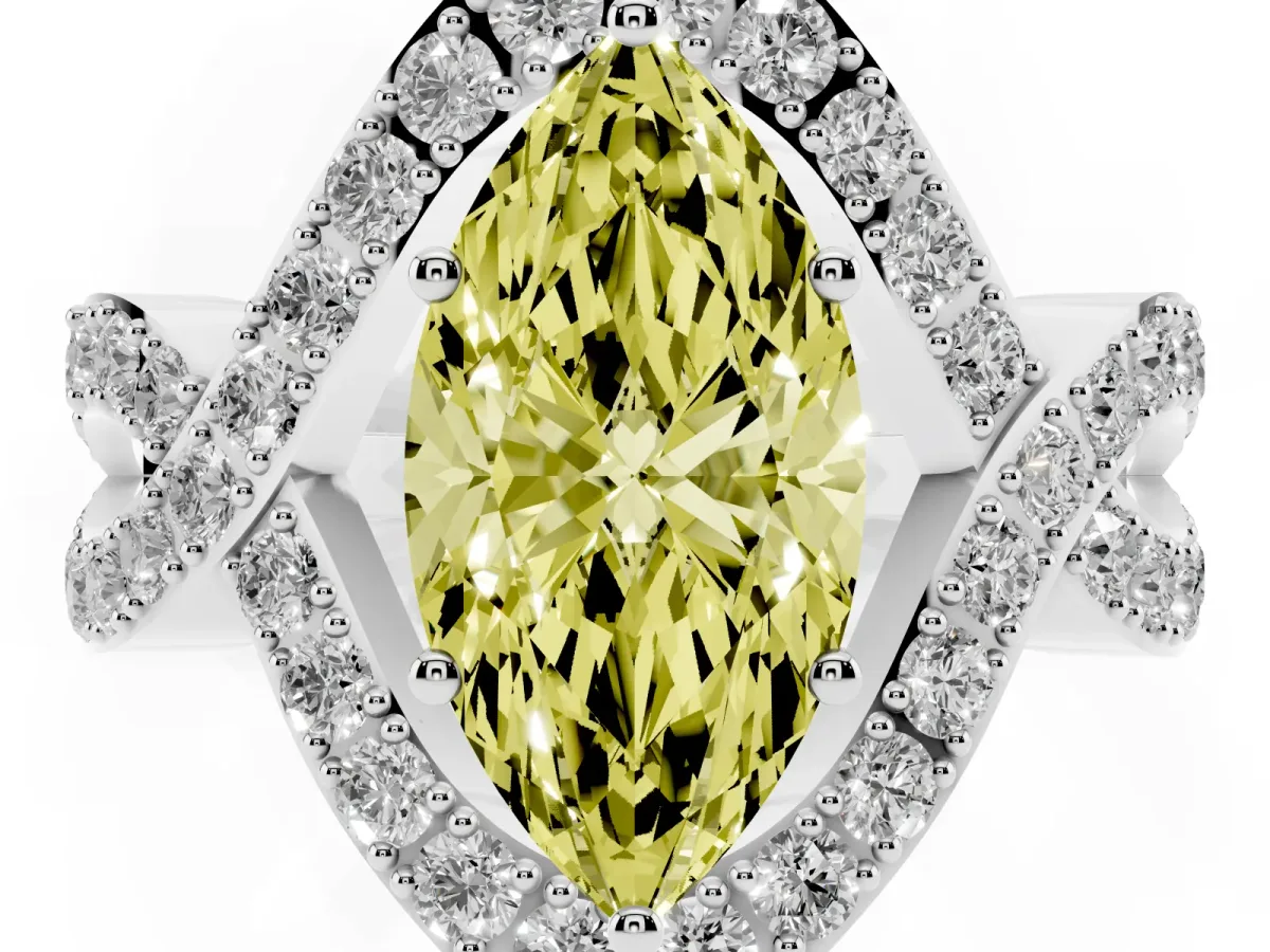 Fancy Yellow Marquise Cut Solitaire Twist Band Pavé Diamond Engagement Ring Silver
