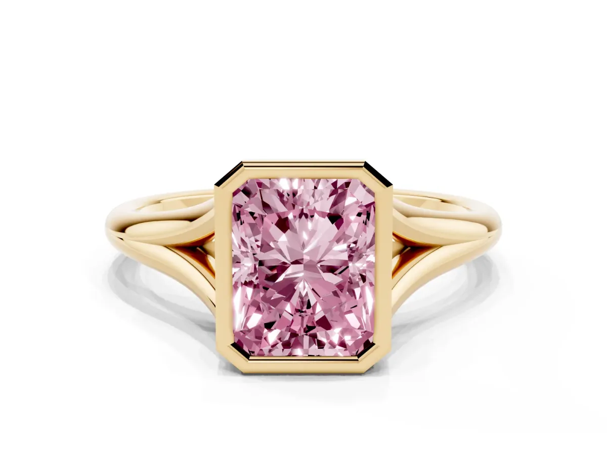 Fancy Pink Bezel Set Radiant Cut Cut Solitaire Ring with Tapered Band Yellow gold