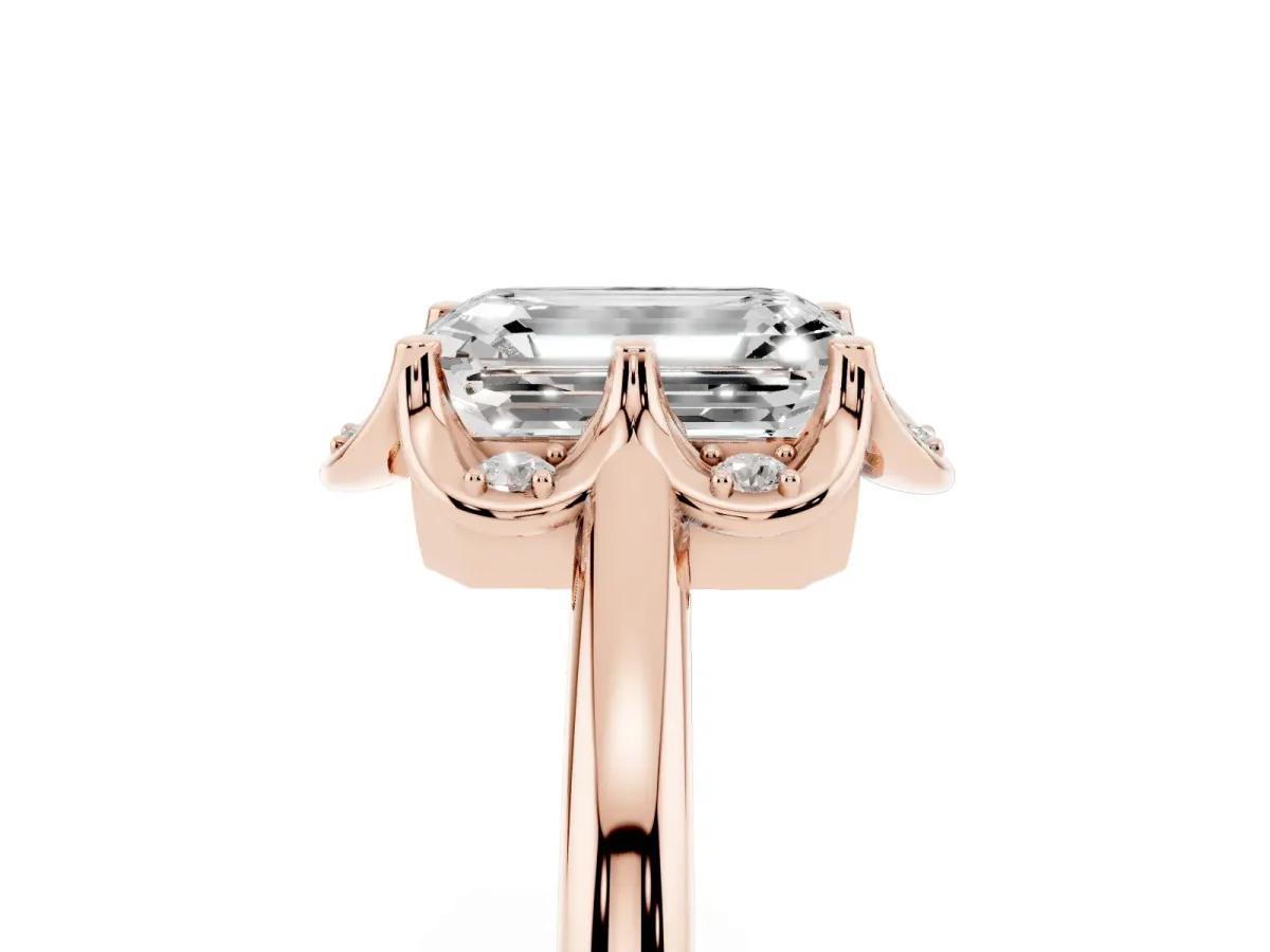 Emerald Cut Halo Diamond Ring with Round Cluster Setting, Solitaire Band, and Four-Prong Setting Rose gold