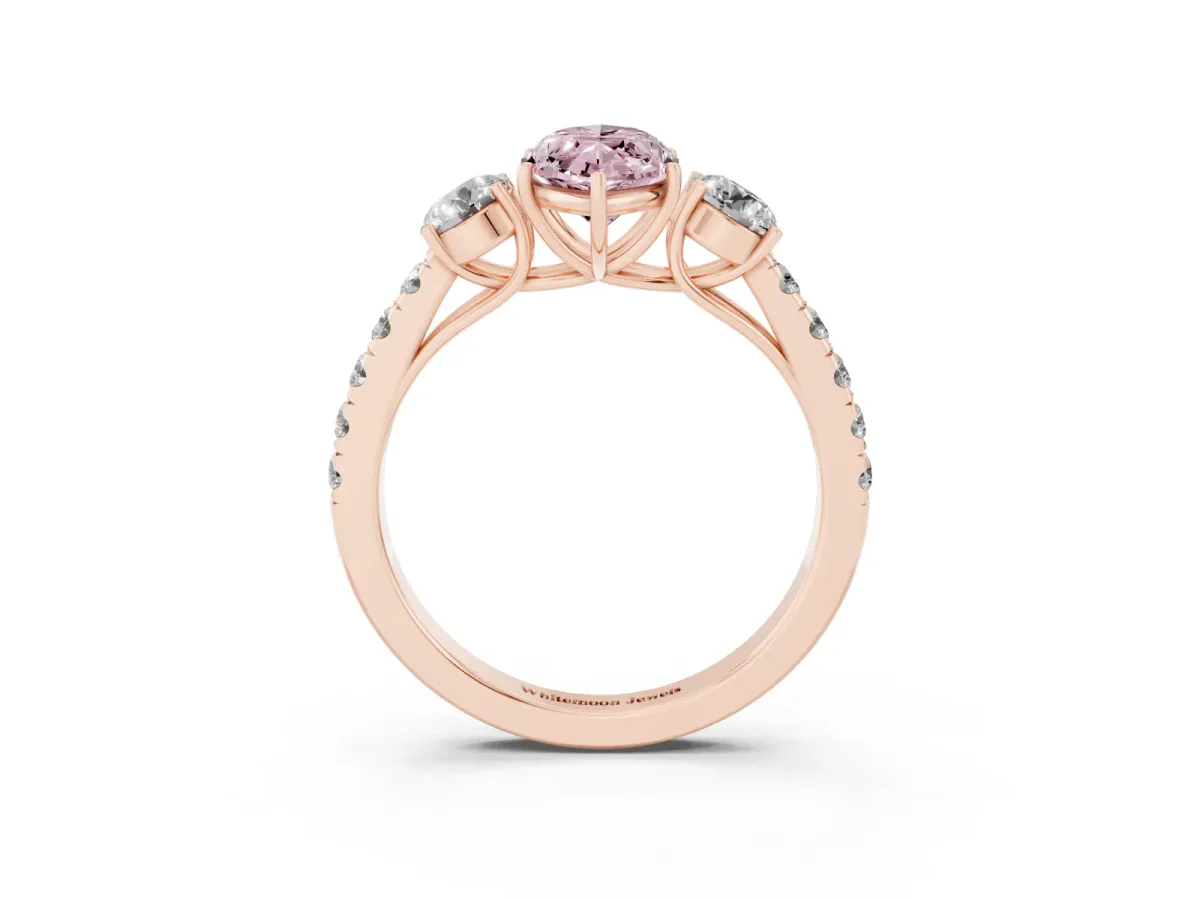 Fancy Pink Marquise Cut Cut Diamond Three-Stone Ring with Round Side Stones and Pavé Band Rose gold