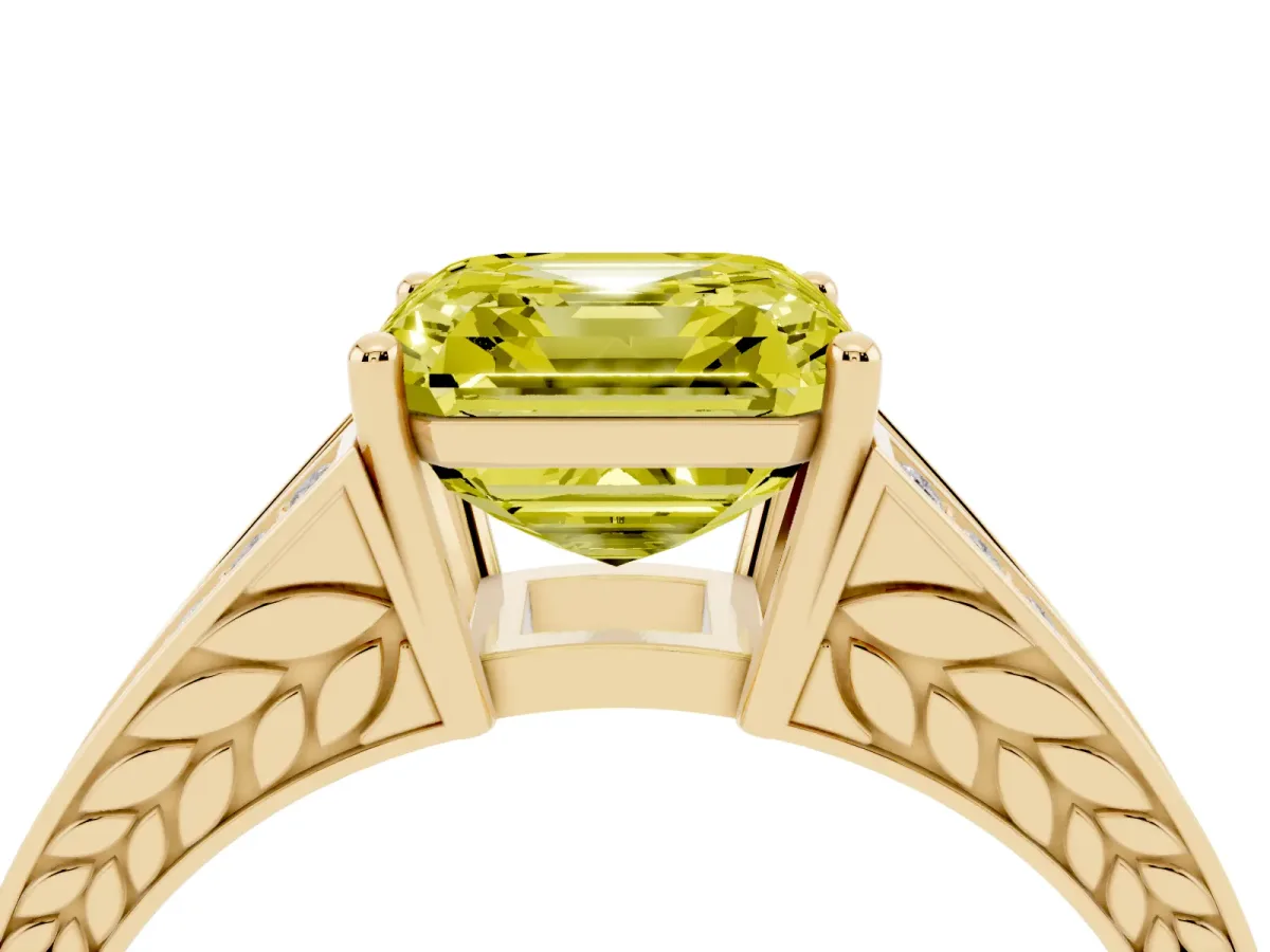 Fancy Yellow Asscher Cut Diamond Split Shank Ring with Pavé Band and Four-Prong Setting Yellow gold