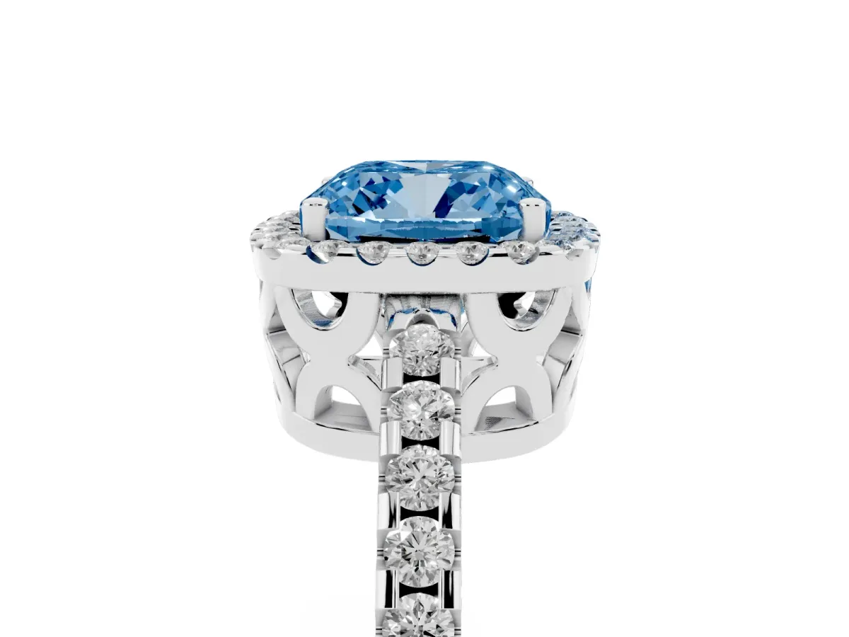 Fancy Blue Cushion Cut Diamond Halo Engagement Ring with Pavé Band and Prong Setting Platinum