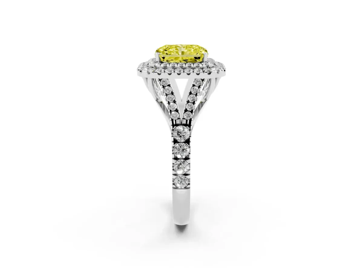 Fancy Yellow Radiant Cut Diamond Double Halo Ring with Split Shank and Prong Setting Platinum