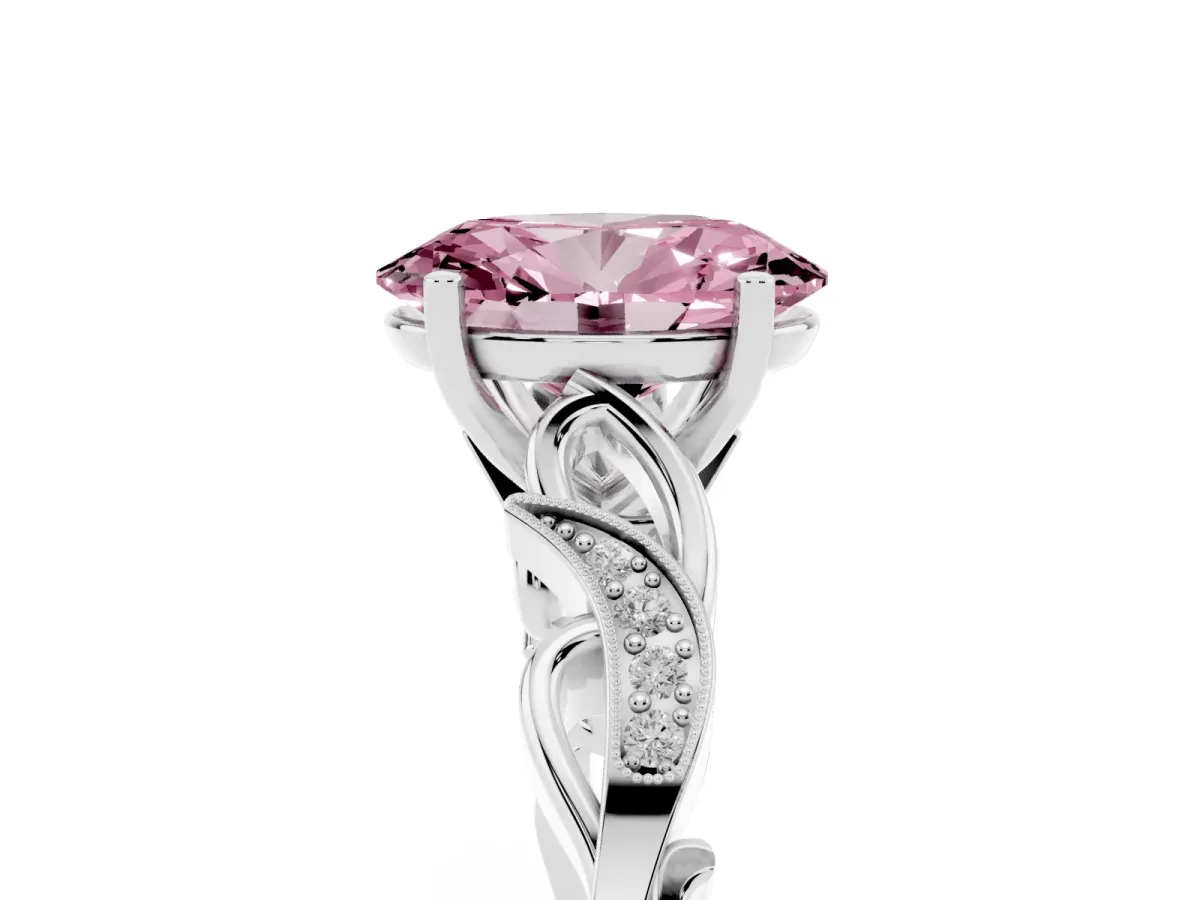 Fancy Pink Oval Cut Solitaire Vine Band with Milgrain Prong Setting Silver