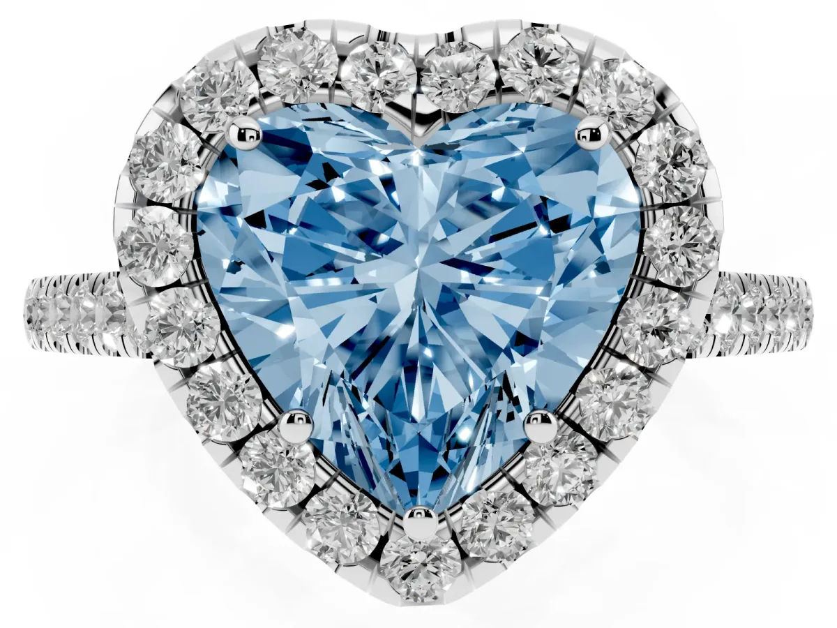 Fancy Blue Heart Cut Halo Pave Diamond Engagement Ring with Four-Prong Setting Platinum