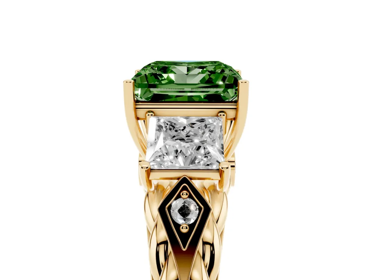 Fancy Green Three-Stone Princess Cut Diamond Braided Band Ring with Four-Prong Setting Yellow gold