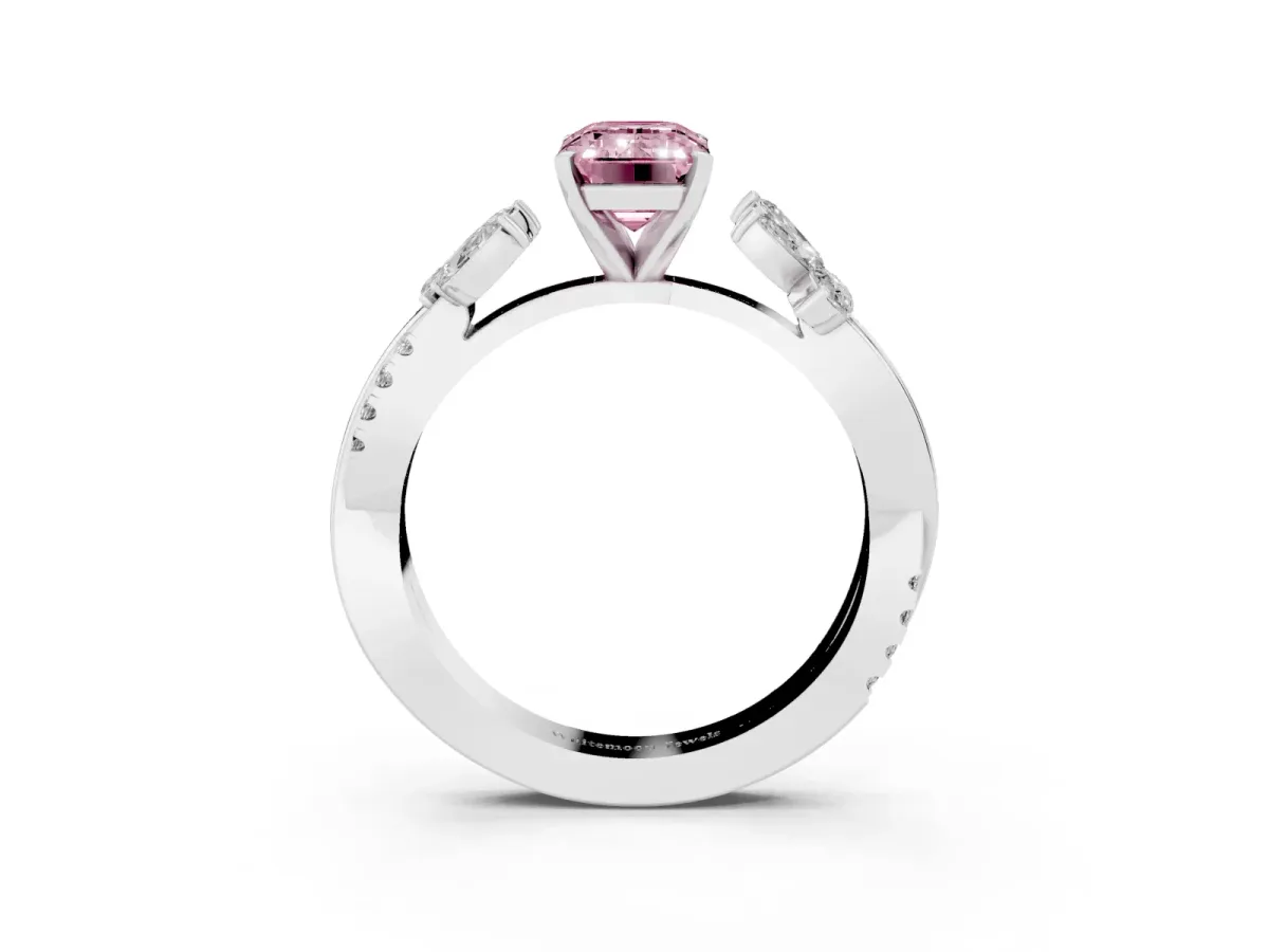 Fancy Pink Emerald Cut Diamond Floral Vine Solitaire Engagement Ring Silver