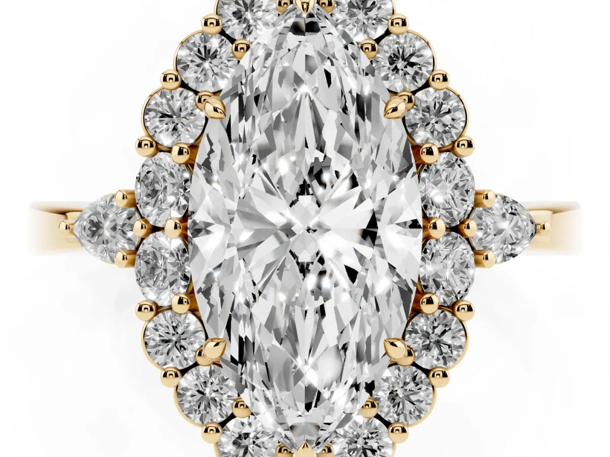 Marquise Cut Diamond Halo Ring with Pear Side Stones and Prong Setting Yellow gold