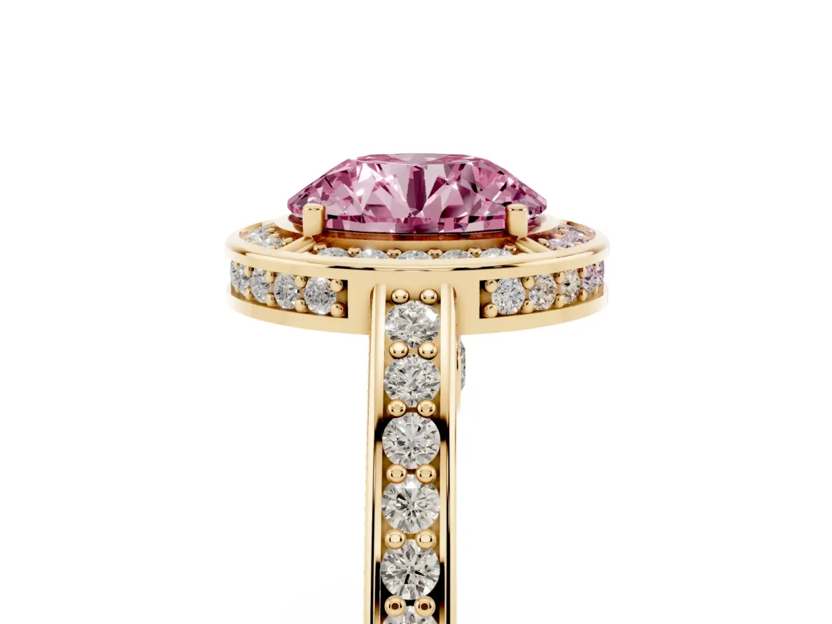 Fancy Pink Round Cut Cut Halo Pave Split Shank Prong Setting Ring Yellow gold