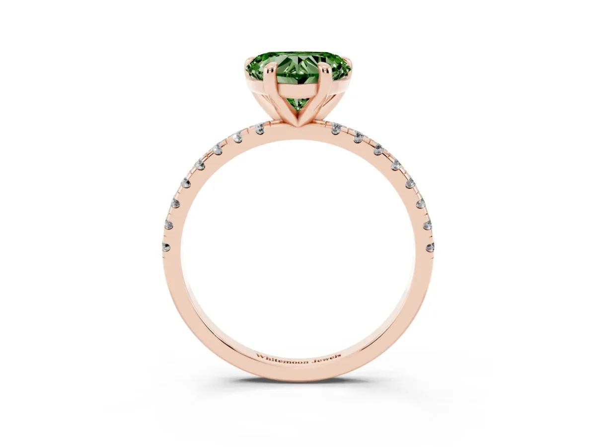 Fancy Green Heart Cut Diamond Brilliant Solitaire Ring with Pavé Band and Four-Prong Setting Rose gold