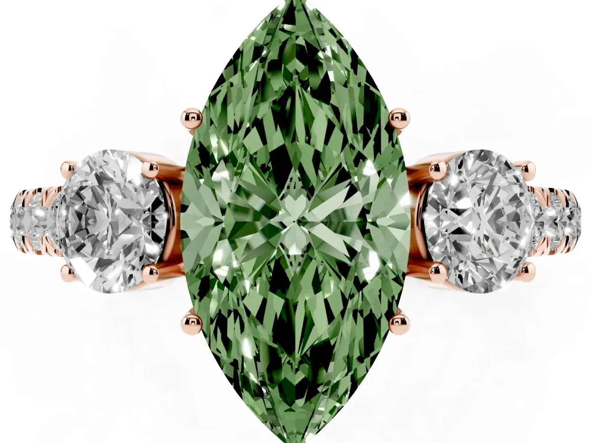 Fancy Green Marquise Cut Cut Diamond Three-Stone Ring with Round Side Stones and Pavé Band Rose gold