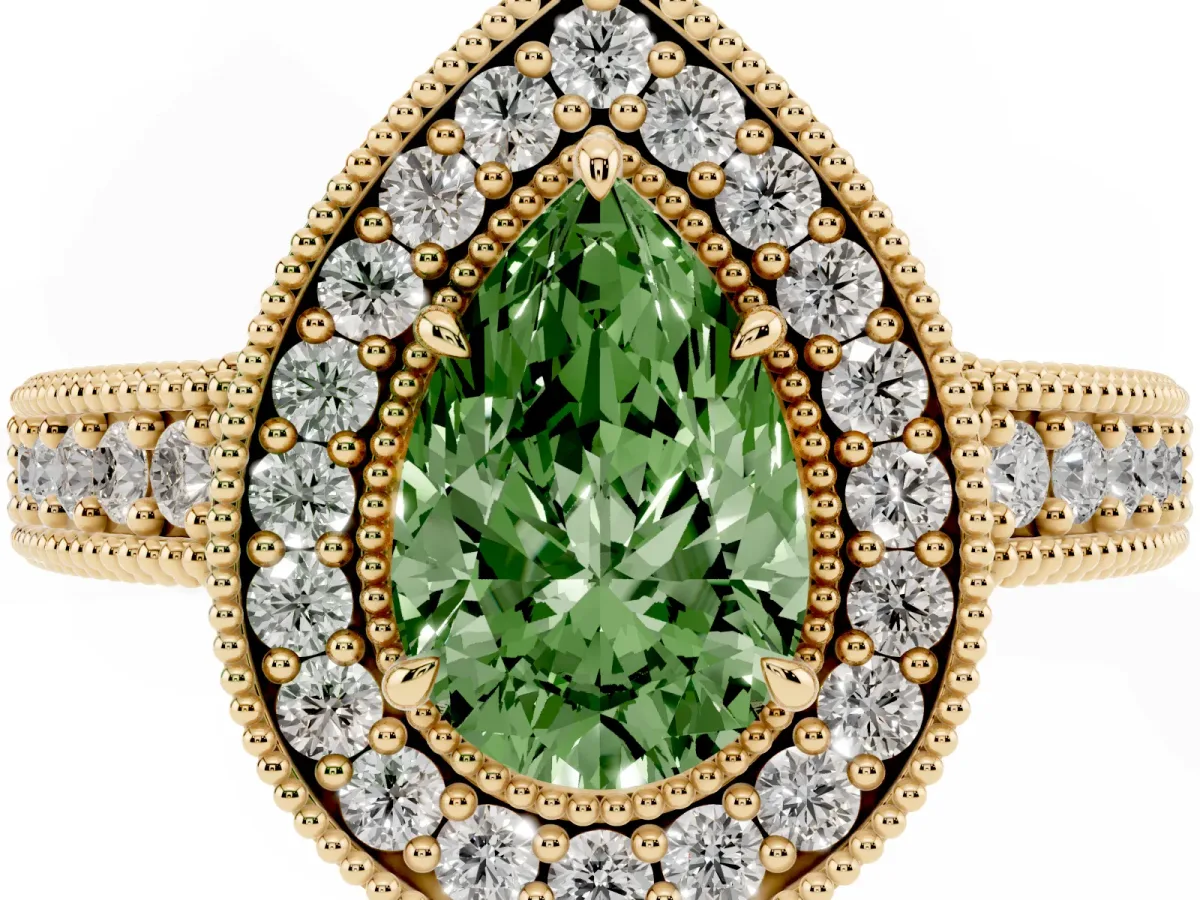 Fancy Green Pear Cut Cut Halo Diamond Ring with Pavé Band and Four-Prong Setting Yellow gold