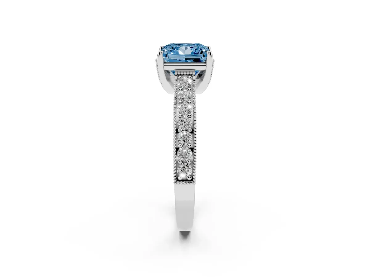 Fancy Blue Princess Cut Cut Diamond Solitaire Ring with Milgrain Pave Band and Four Prong Setting Silver