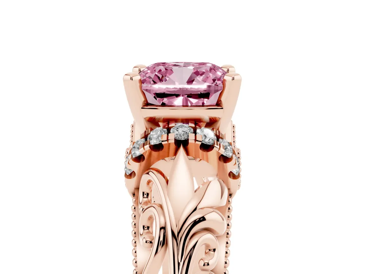Fancy Pink Cushion Cut Solitaire Filigree Engagement Ring with Halo and Prong Setting Rose gold