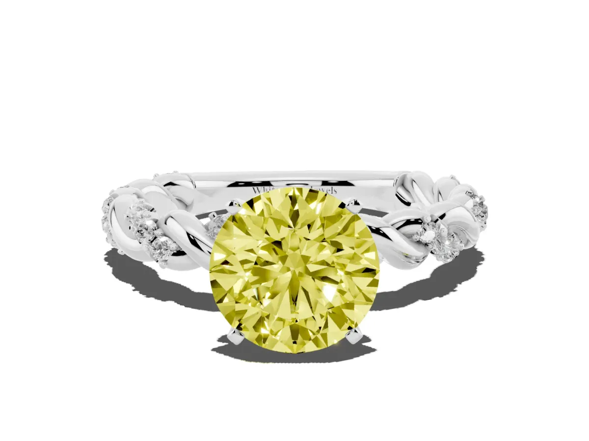 Fancy Yellow Round Cut Diamond Solitaire Ring with Twisted Band and Pavé Accents Silver