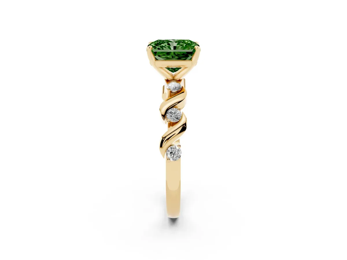 Fancy Green Radiant Cut Diamond Solitaire Twisted Band with Round Accents and Prong Setting Yellow gold