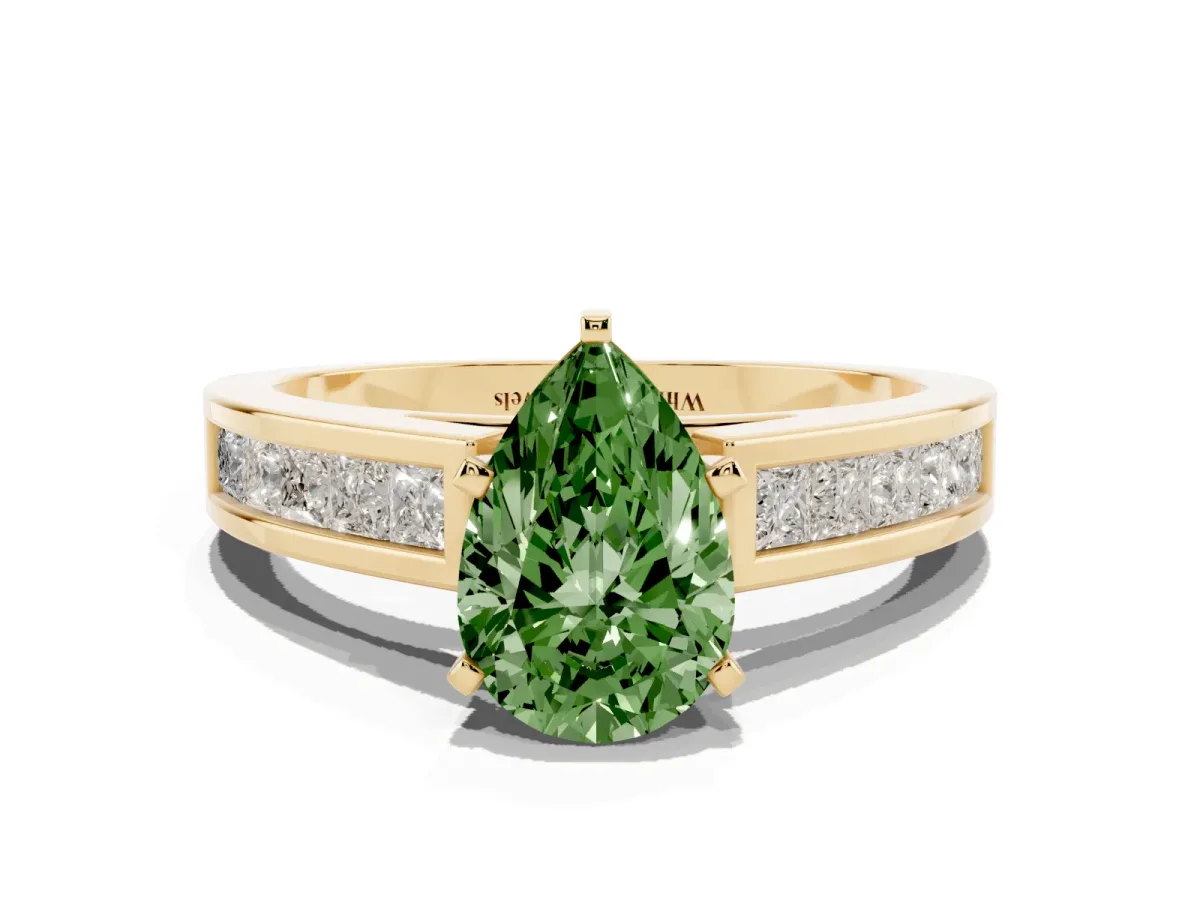 Fancy Green Pear Cut Solitaire Diamond Ring with Channel-Set Band and Four-Prong Setting Yellow gold