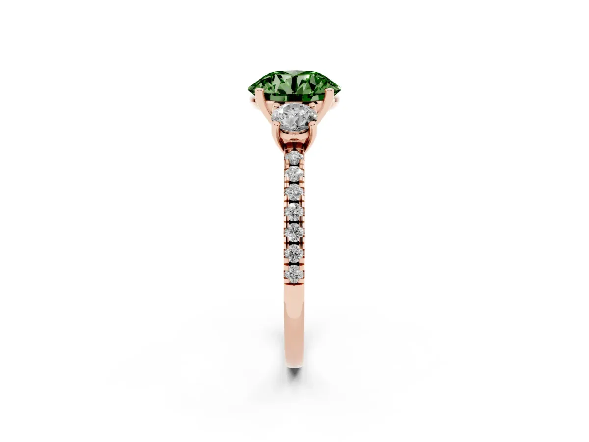 Fancy Green Three-Stone Round Cut Cut Diamond Pavé Band with Prong Setting Rose gold