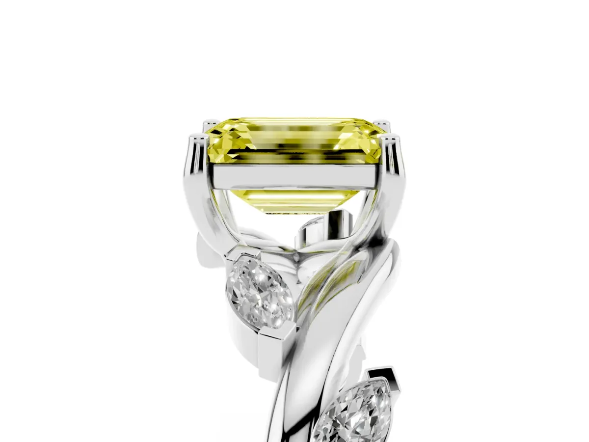 Fancy Yellow Emerald Cut Solitaire Twisted Band Marquise Accent Prong Setting Ring White gold