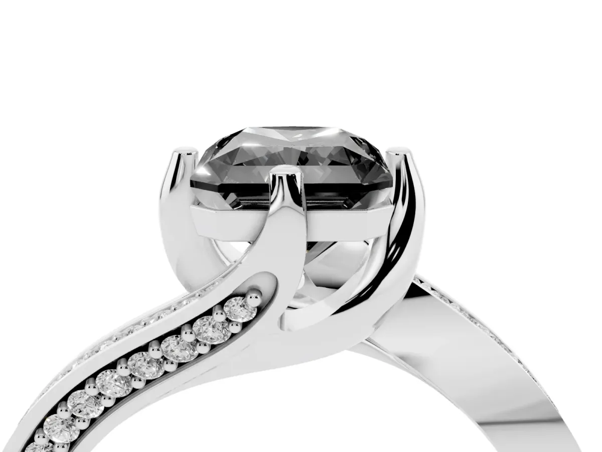 Fancy Black Radiant Cut Solitaire Diamond Twist Band with Pavé Setting and Four-Prong Setting Silver