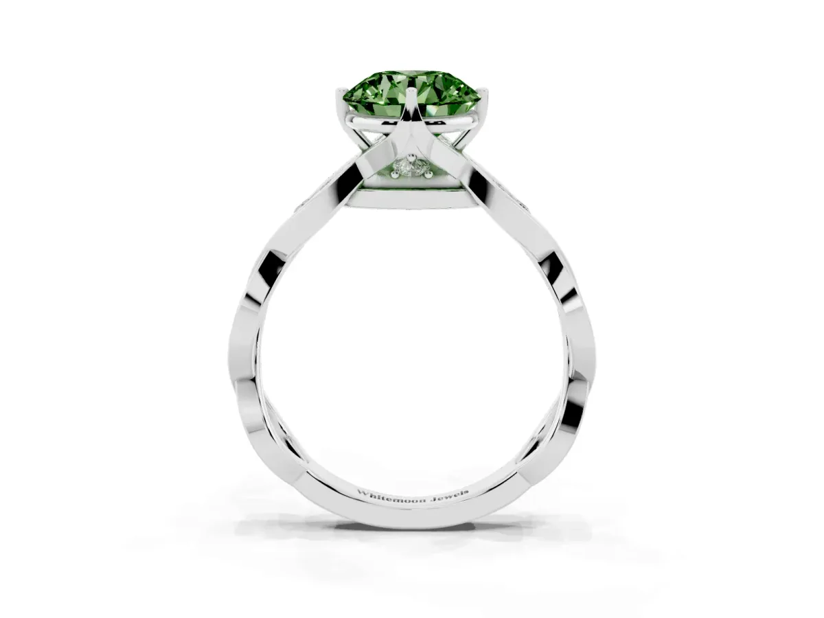 Fancy Green Round Cut Solitaire Twist Band with Leaf Prong Setting Platinum