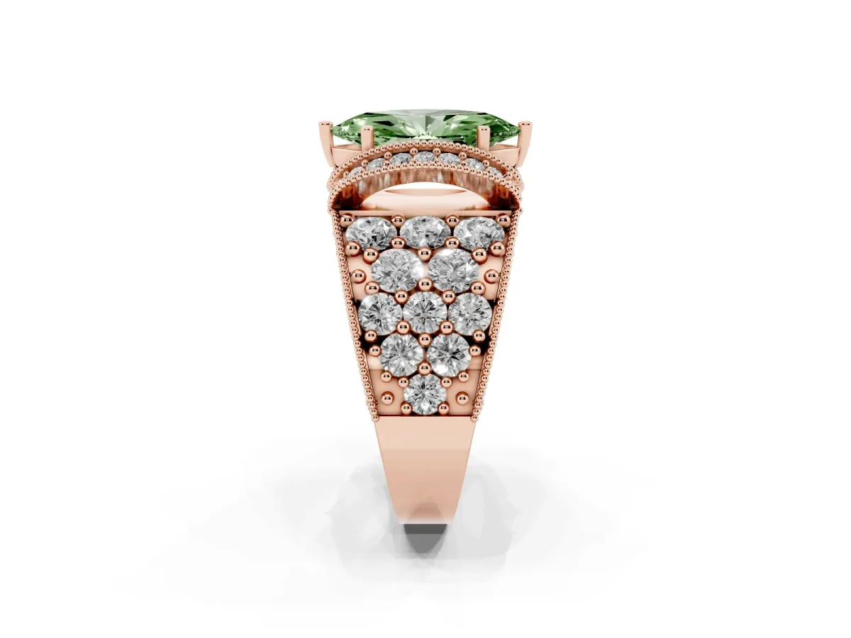 Fancy Green Marquise Cut Halo Pave Diamond Engagement Ring with Milgrain Detailing Rose gold