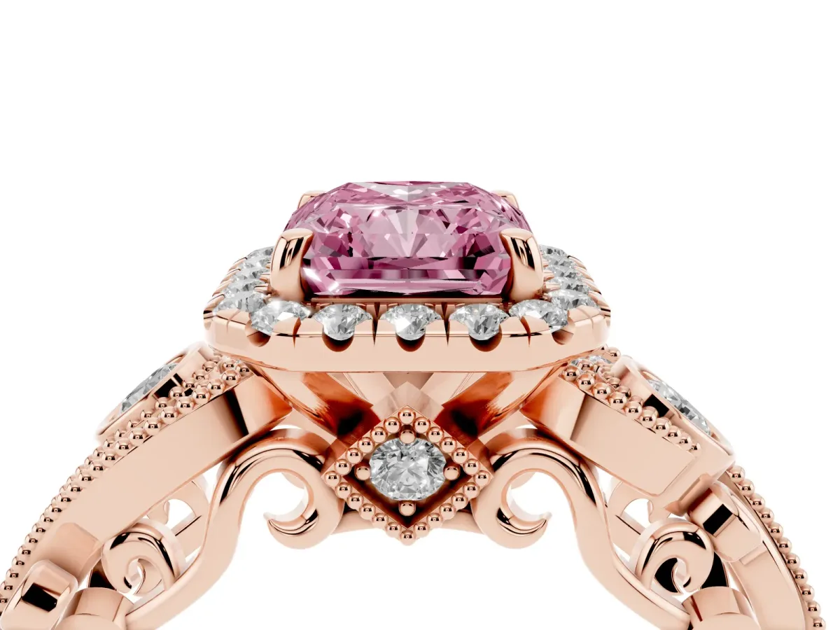 Fancy Pink Radiant Cut Halo Diamond Ring with Milgrain and Bezel Accents on a Split Shank Band Rose gold
