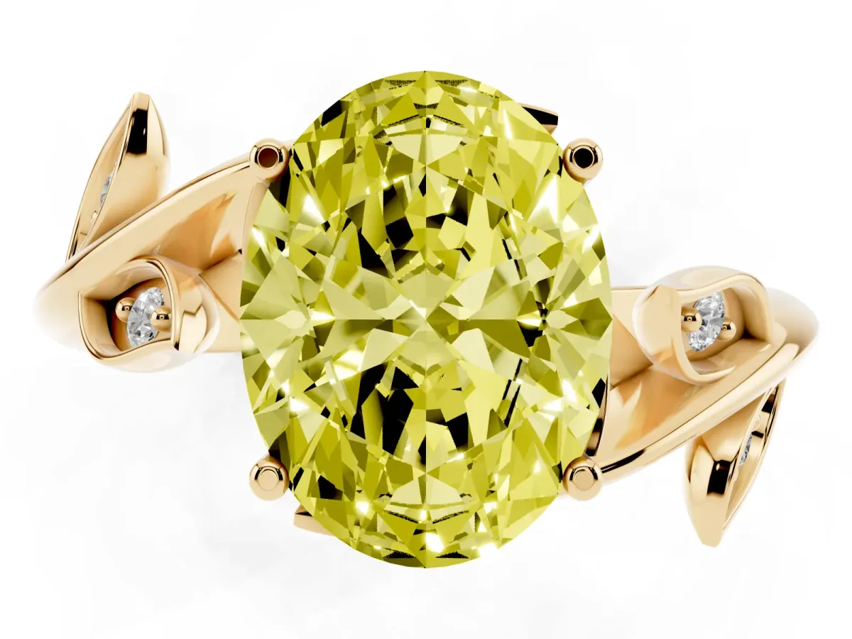 Fancy Yellow Oval Cut Solitaire Twist Engagement Ring with Leaf Accents and Prong Setting Yellow gold
