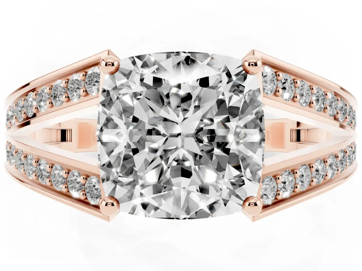 Cushion Cut Diamond Split Shank Ring with Pavé Band and Four-Prong Setting Rose gold