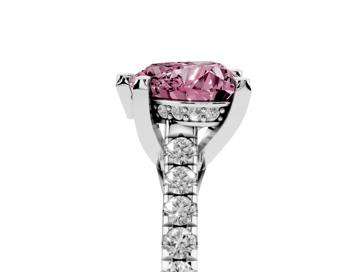 Fancy Pink Heart Cut Brilliant Diamond Solitaire with Pavé Band and Four-Prong Setting Platinum