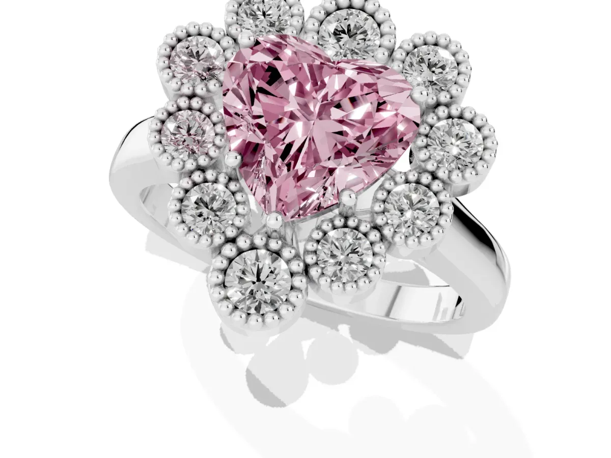 Fancy Pink Heart Cut Halo Diamond Cluster Engagement Ring with Milgrain Bezel Setting and Solitaire Band White gold