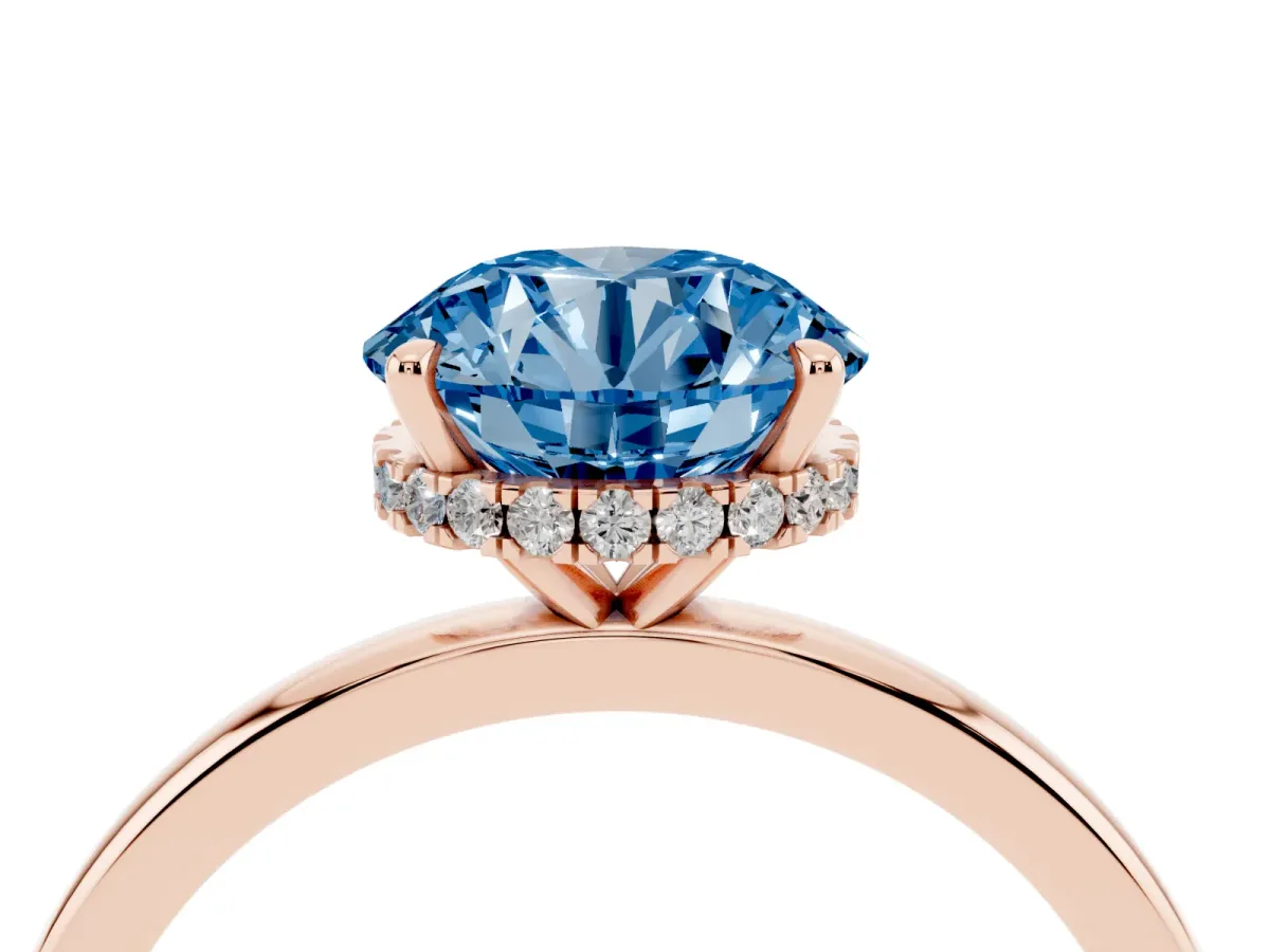 Fancy Blue Round Cut Solitaire Engagement Ring with Cathedral Band and Four-Prong Setting Rose gold