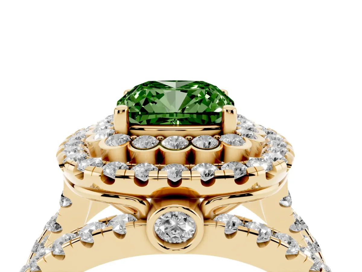 Fancy Green Cushion Cut Diamond Double Halo Ring with Round Pavé Split Shank and Prong Setting Yellow gold