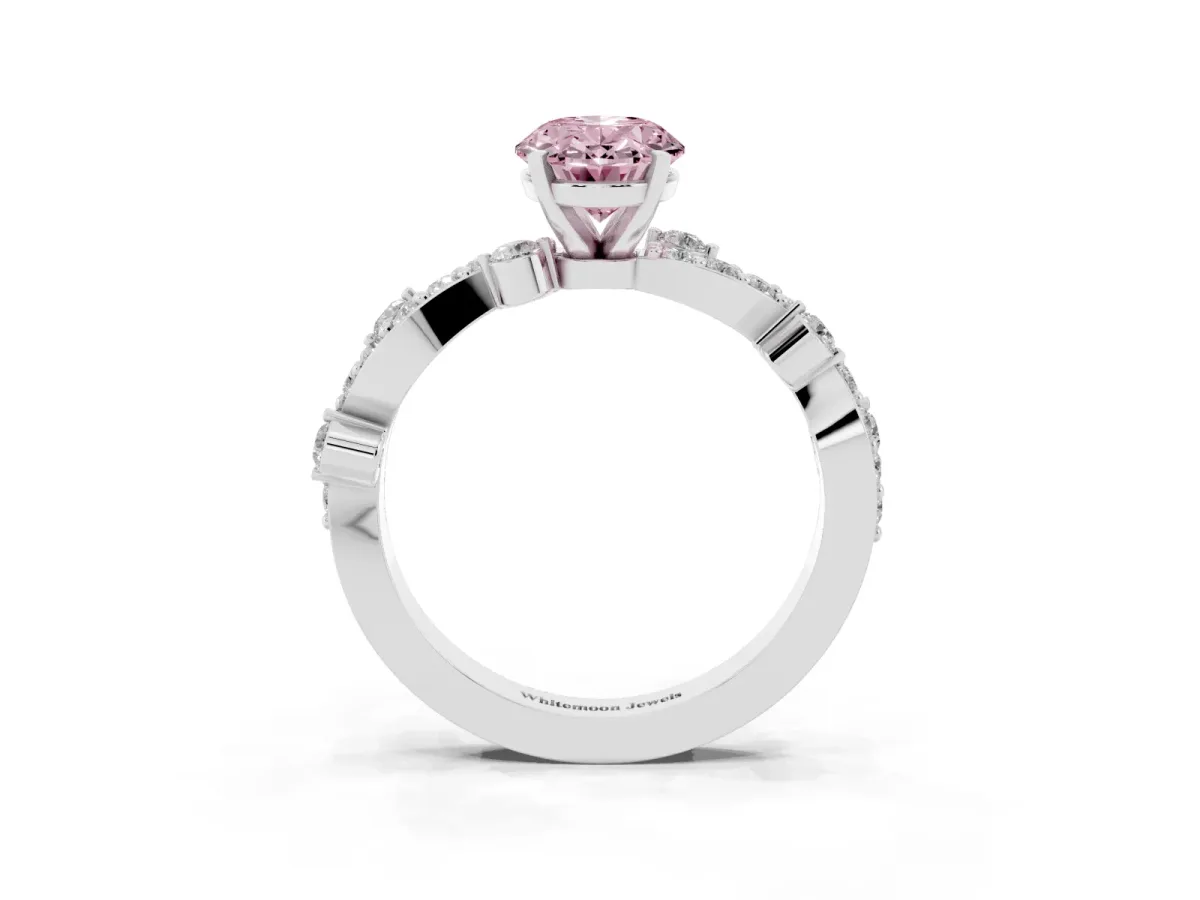 Fancy Pink Oval Cut Cut Solitaire Diamond Twisted Band with Pave Setting Silver