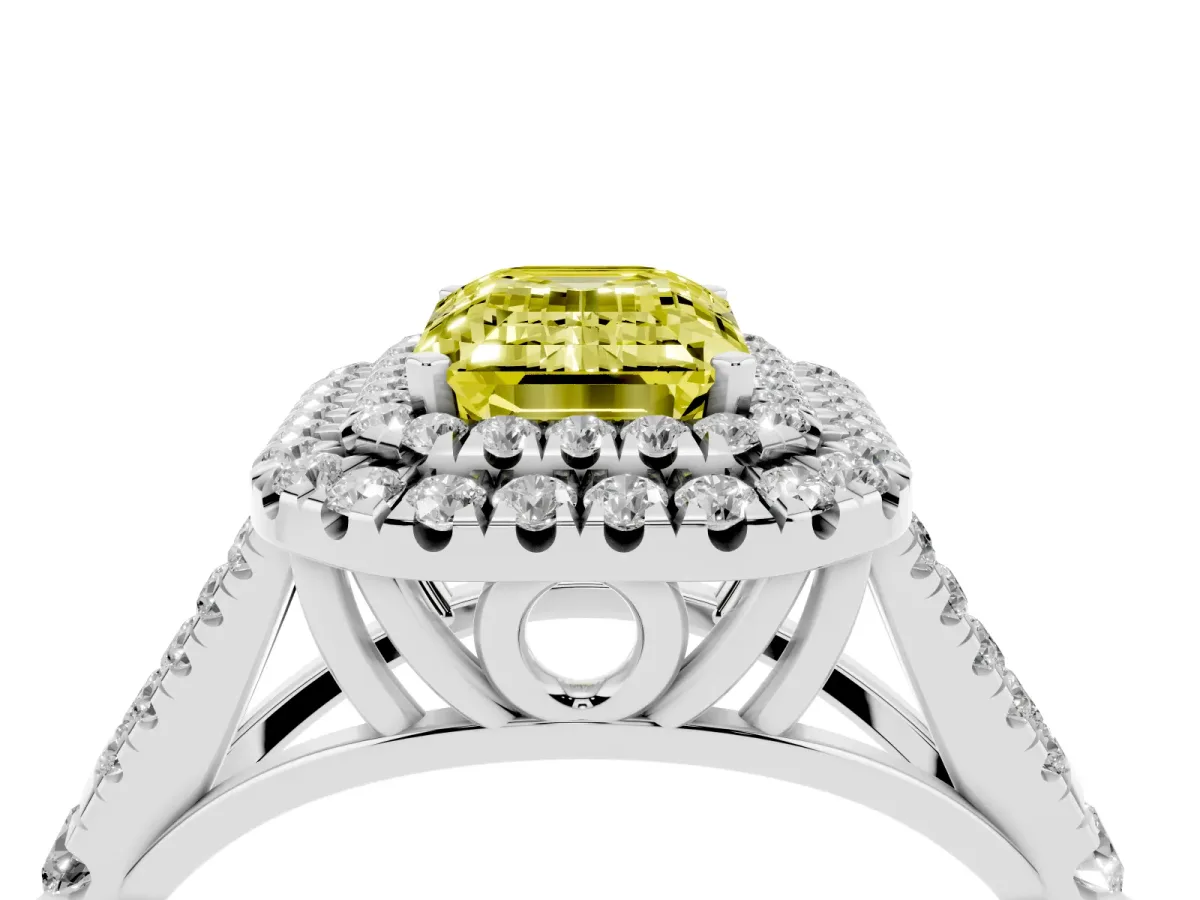 Fancy Yellow Emerald Cut Diamond Pavé Split Shank Double Halo Engagement Ring Platinum