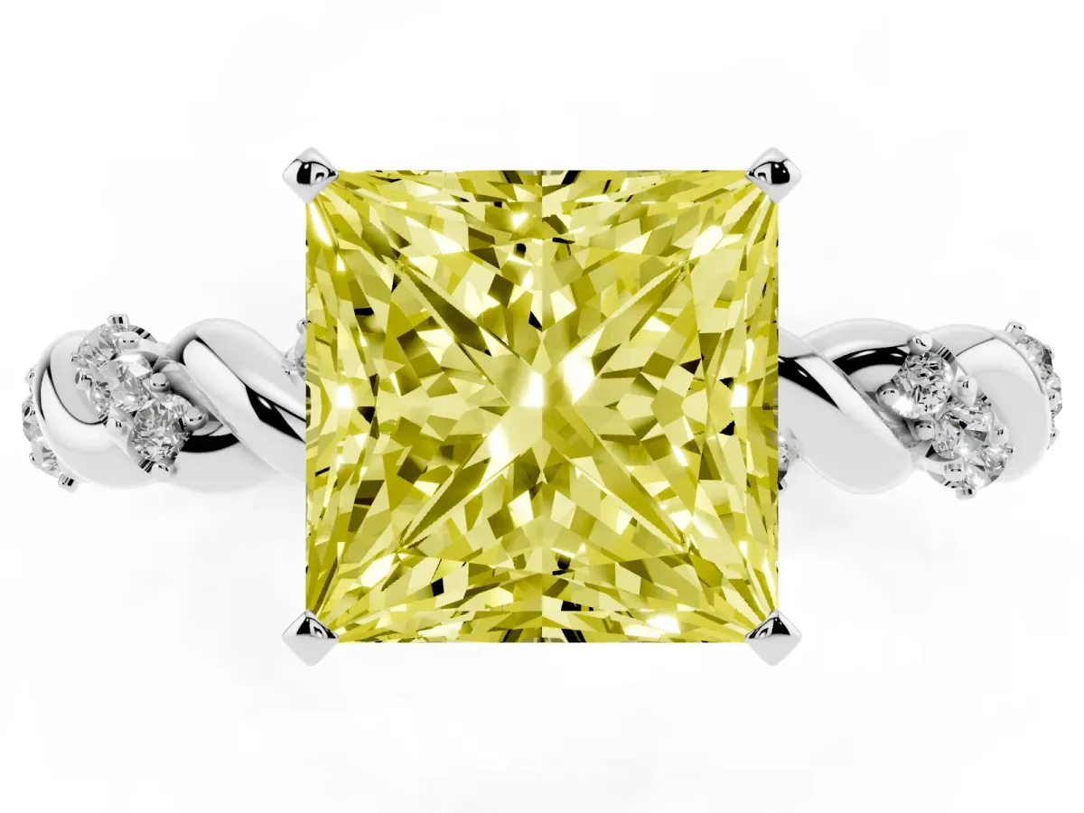 Fancy Yellow Princess Cut Diamond Solitaire Ring with Twisted Band and Pavé Accents Silver
