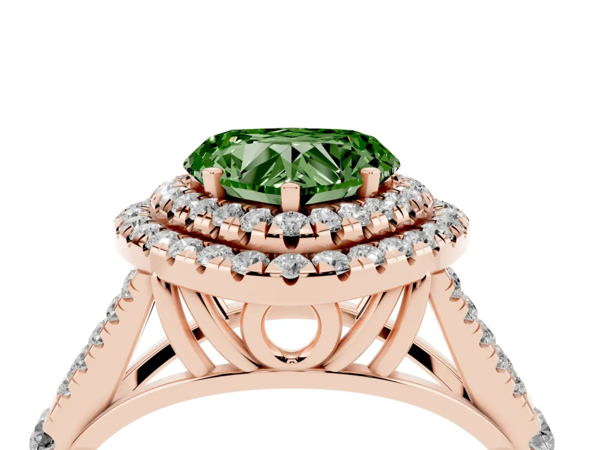 Fancy Green Heart Cut Cut Double Halo Split Shank Diamond Ring with Prong Setting Rose gold